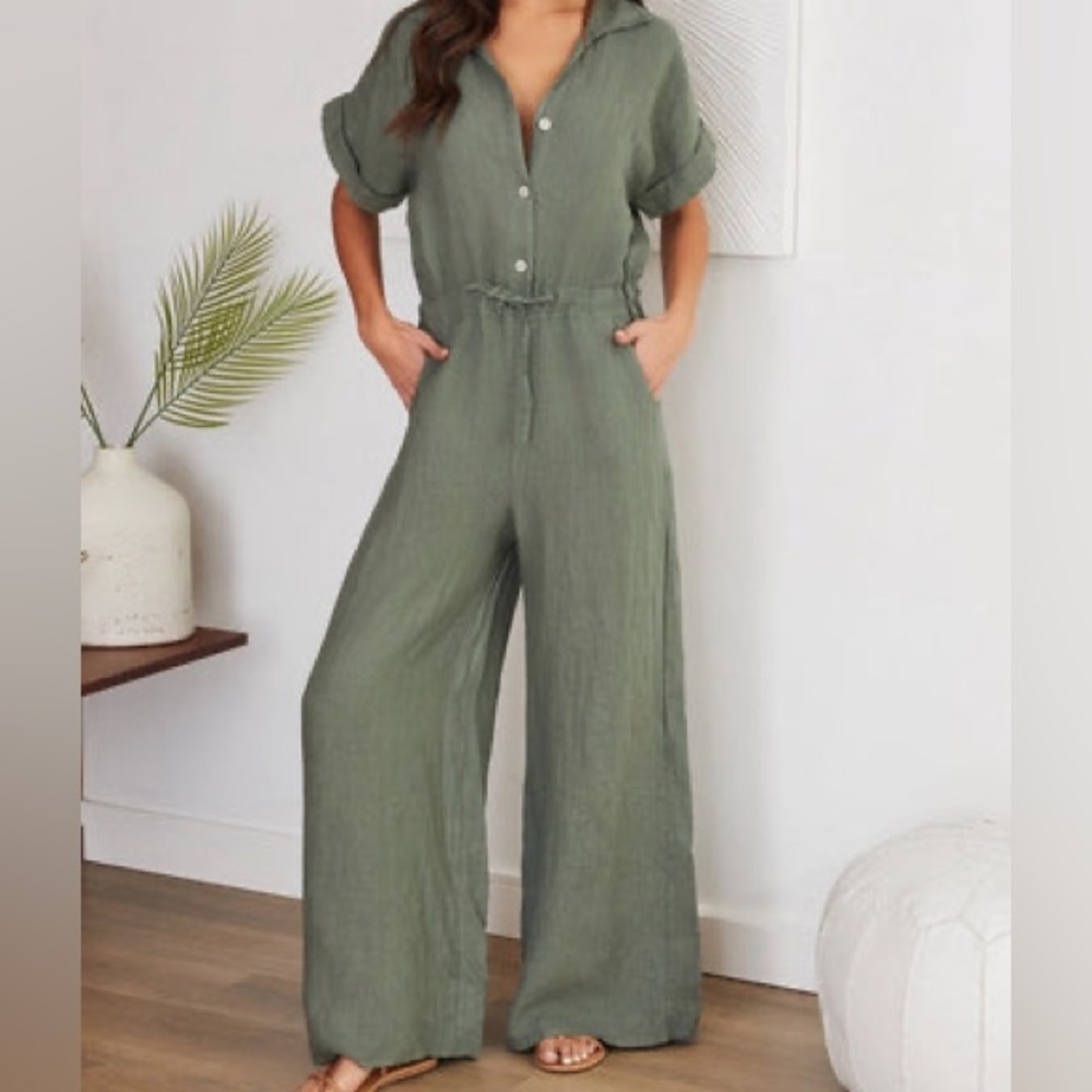 Venti6 Exclusive white Linen Roll Up Sleeve Waist Jumpsuit